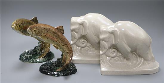 Two Beswick models of trout and a pair of Poole Pottery elephant bookends tallest 16cm
